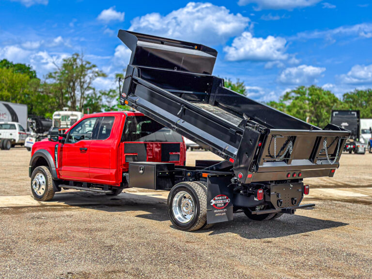This red Ford was outfitted with a compact black dump body by Master Tech Truck & Equipment in Wichita, Kansas.